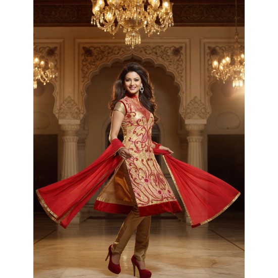 Gold Georgette Straight Cut Embroidered Salwar Suit