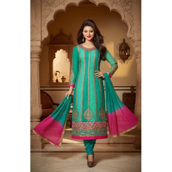 Green Georgette Straight Cut Embroidered Salwar Suit
