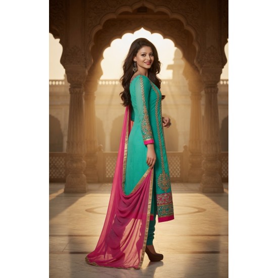 Green Georgette Straight Cut Embroidered Salwar Suit