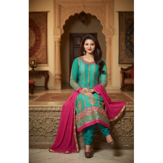 Green Georgette Straight Cut Embroidered Salwar Suit
