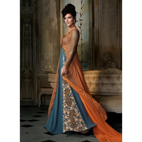 Blue & Orange Wedding Gown Indian Designer Anarkali Dress