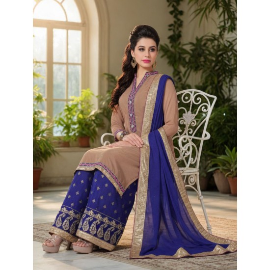 Brown & Blue Kurti Style Palazzo Salwar Suit