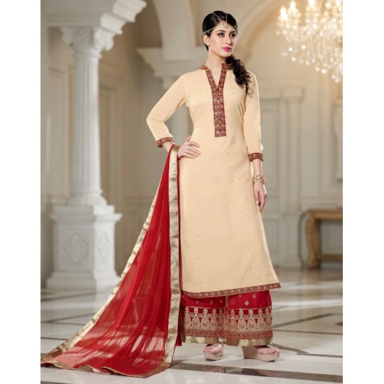 Cream Red Palazzo Indian Suit 