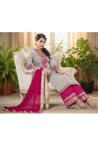 Grey & Hot Pink Palazzo Style Salwar Suit 