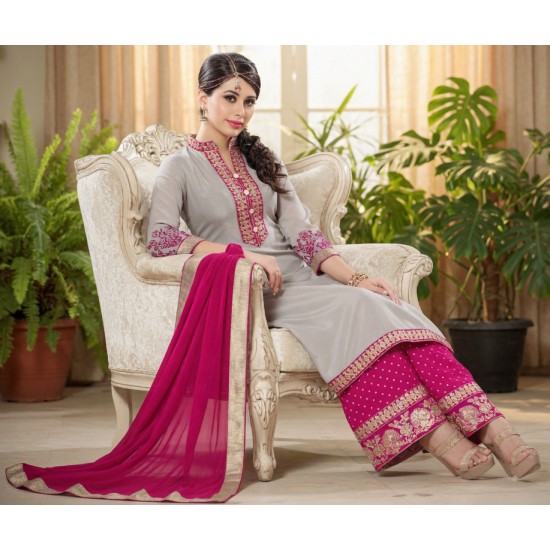 Grey & Hot Pink Palazzo Style Salwar Suit 
