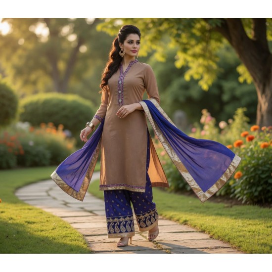 Brown & Blue Kurti Style Palazzo Salwar Suit