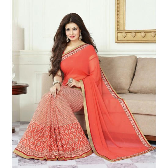 Orange Georgette Unstitched Saree with Embroidered Border
