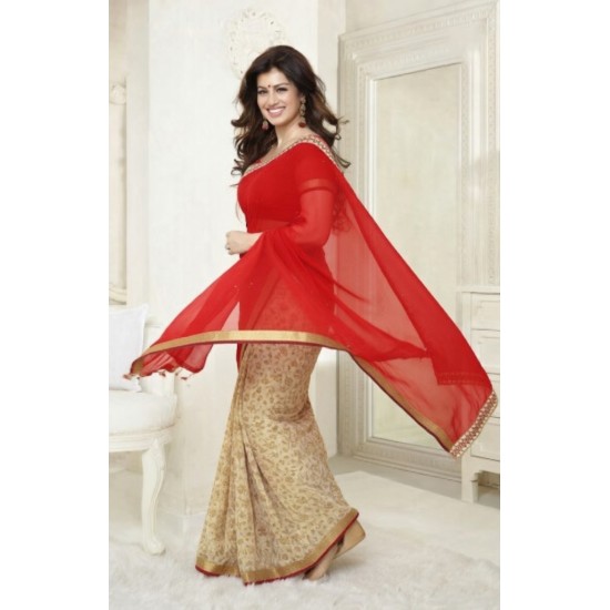 Red Chiffon Georgette Unstitched Indian Saree