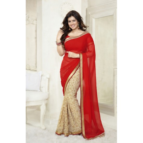 Red Chiffon Georgette Unstitched Indian Saree