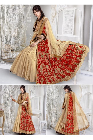 Red Gold Embroidered Dress Designer Lengha Suit 