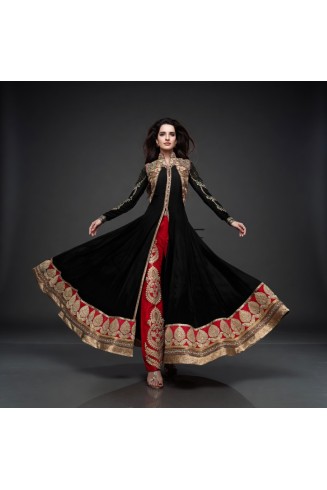 Black Evening Cocktail Dress Indian Front Slit Anarkali Suit