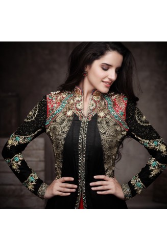 Black Evening Cocktail Dress Indian Front Slit Anarkali Suit