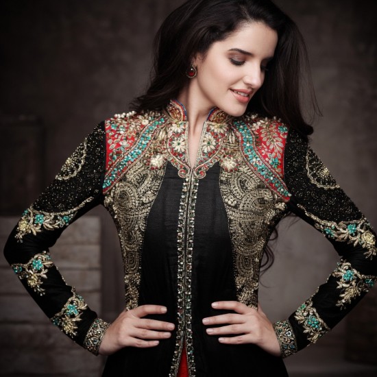 Black Evening Cocktail Dress Indian Front Slit Anarkali Suit