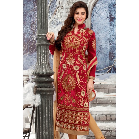Red & Gold Embroidered Velvet Straight Suit