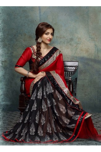 SOHA ALI KHAN BLACK AND RED PATCH BORDER DESIGNER SAREE
