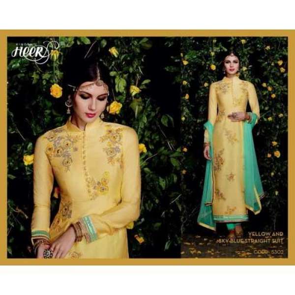 5302 Yellow And Sky Blue Straight Heer Designer Suit 