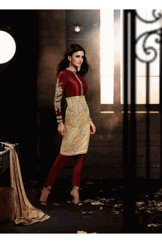 Z5033G Maroon and Gold HEROINE Straight Cut Designer Dress