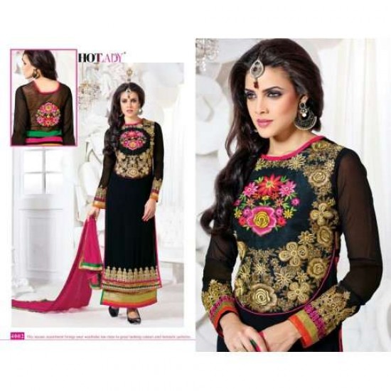 Black "HOTLADY" BY MEHZABI PARTY WEAR LONG STRAIGHT SALWAR KAMEEZ