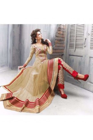 READYMADE GOLD AND RED ZOYA STYLE ANARKALI SUIT (LARGE)
