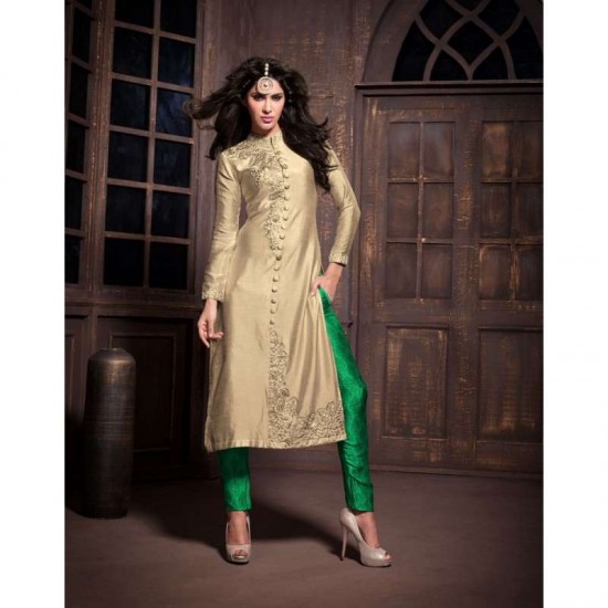 ZA14002 Gold and Green Maskeen Anaya senora Embroidered Designer Dress