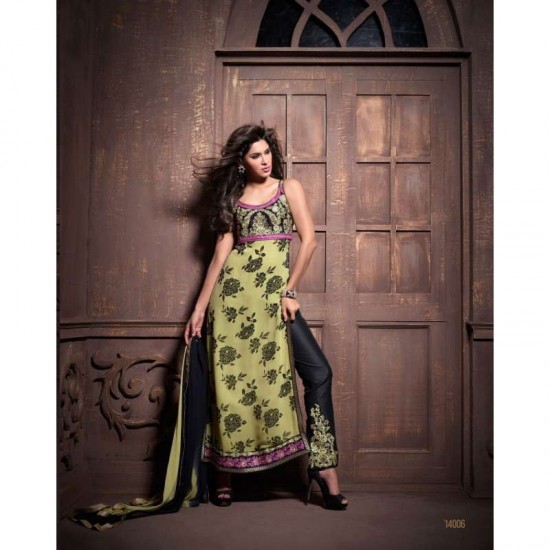 Green and Black Maskeen Anaya senora Embroidered Designer Dress