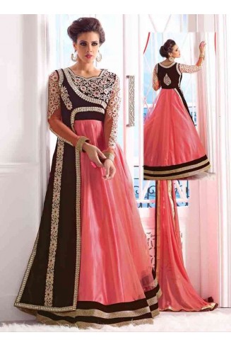 Pink and Brown WEDDING WEAR GEORGETTE & NET LONG ANARKALI SUIT