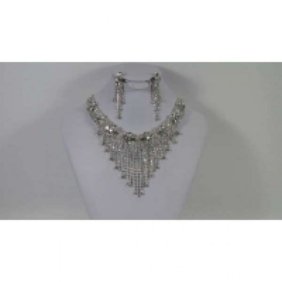 Flower Waterfall Clear Crystal Necklace and Earring Set