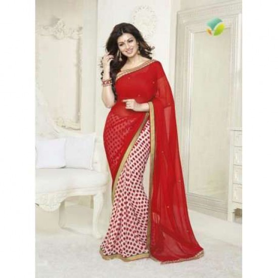 White and Red Ayesha Takia "Sheesha Star Walk" Chiffon Georgette Party Wear Saree