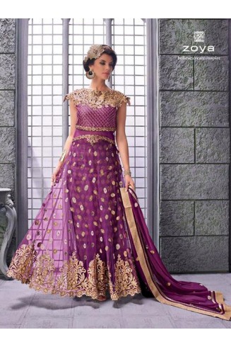 Purple Indian Party Dress Designer Embroidered Net Gown