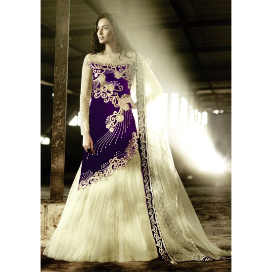 ZF15002 PURPLE AND BEIGE ZOYA FEELINGS WEDDING WEAR VELVET DRESS