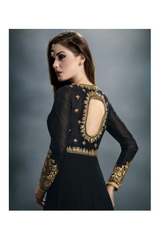 Fabulous Black Anarkali Dress Front Slit Designer Embroidered Suit
