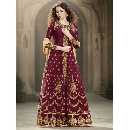 Maroon Embroidered Anarkali Dress Pakistani Gown