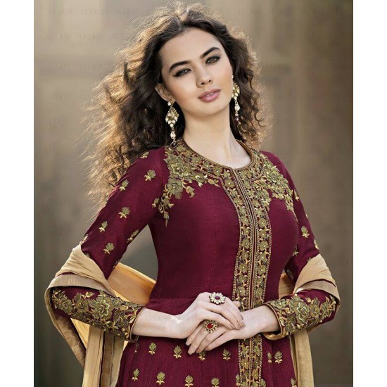 Maroon Embroidered Anarkali Dress Pakistani Gown