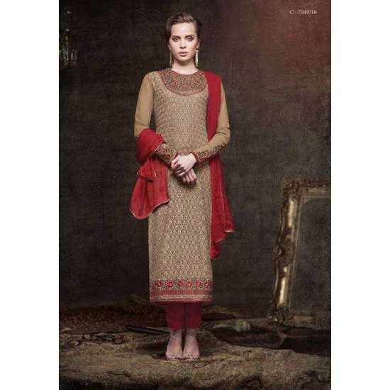 ZHR5138 ICED COFFEE BEIGE HEROINE STARLET GEORGETTE STRAIGHT CUT STYLE SUIT