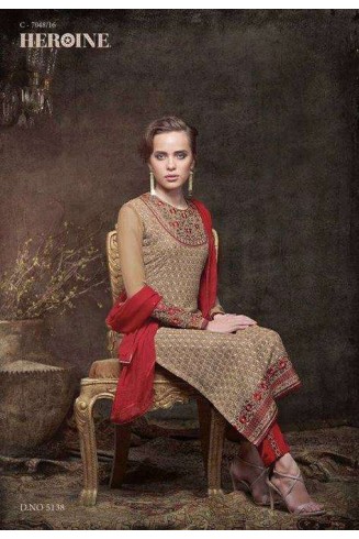 ZHR5138 ICED COFFEE BEIGE HEROINE STARLET GEORGETTE STRAIGHT CUT STYLE SUIT