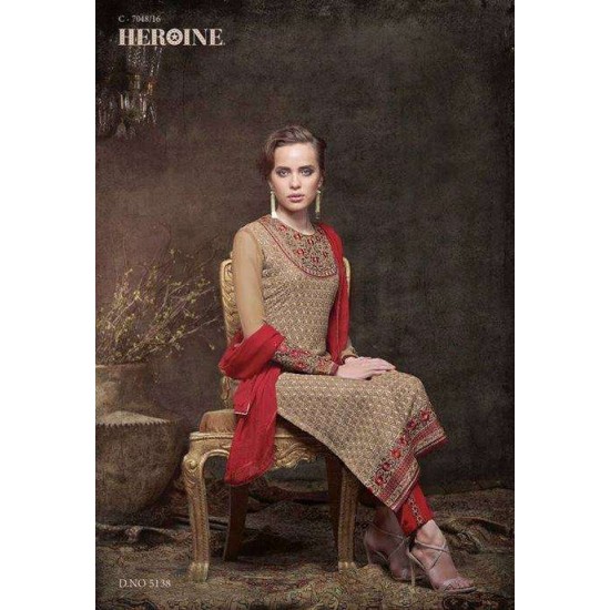 ZHR5138 ICED COFFEE BEIGE HEROINE STARLET GEORGETTE STRAIGHT CUT STYLE SUIT