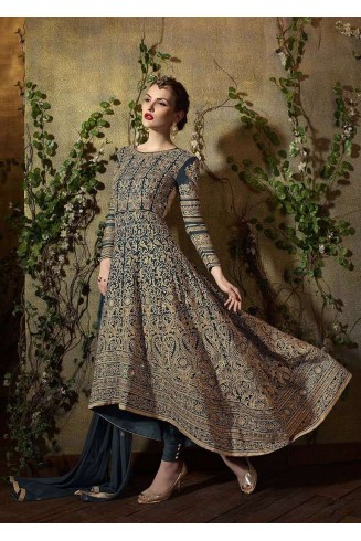 8105 CREAM AND BLUE KARMA TRENDS ANARKALI DRESS