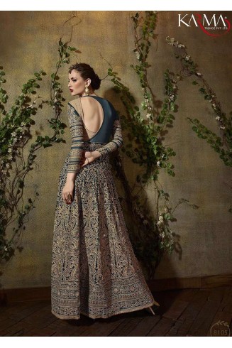 8105 CREAM AND BLUE KARMA TRENDS ANARKALI DRESS