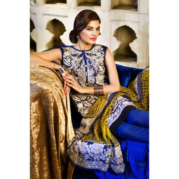Blue Khaddi Embrodried Suit With Pashmina Dupatta 