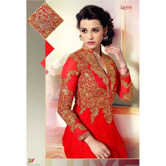 L19001 FIESTA RED LAVINA HEAVY EMBRIODERD DESIGNER DRESS