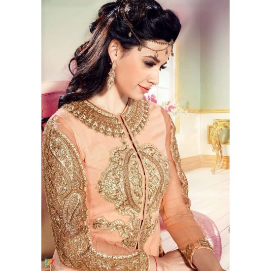 L19003 PEACH ECHO LAVINA HEAVY EMBRIODERD DESIGNER DRESS