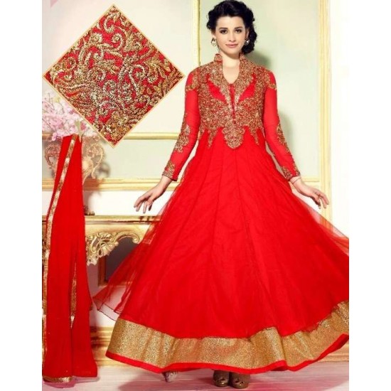 L19001 FIESTA RED LAVINA HEAVY EMBRIODERD DESIGNER DRESS