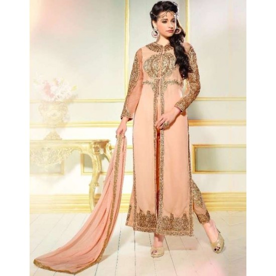 L19003 PEACH ECHO LAVINA HEAVY EMBRIODERD DESIGNER DRESS