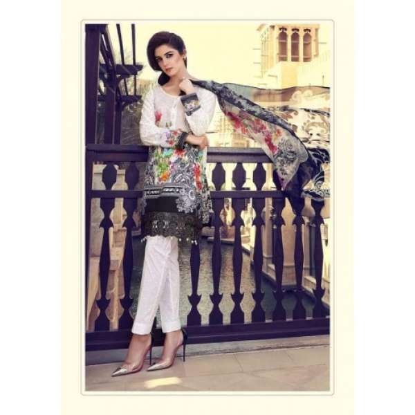 55006 BLACK AND WHITE MARIA B LAWN EMBROIDERED AND PRINTED PAKISTANI STYLE SUIT 