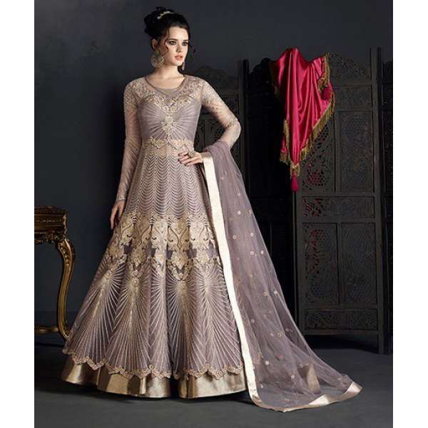 SILVER GREY HEAVY EMBROIDERED INDIAN WEDDING GOWN