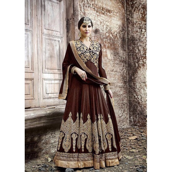 KJ01 DARK BROWN KAJOL EMBROIDERED ANARKALI SUIT