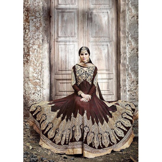 KJ01 DARK BROWN KAJOL EMBROIDERED ANARKALI SUIT