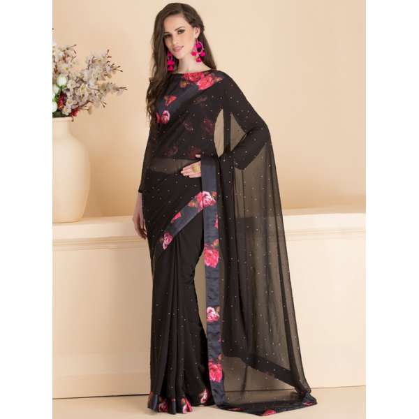 Black Floral Readymade Saree Blouse Party Wear Sari