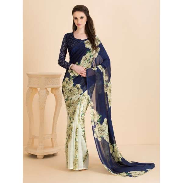 BISCAY GREEN CLASSIC BLUE  CASUAL FLORAL PRINTED SEMI STITCHED SAREE AND BLOUSE 