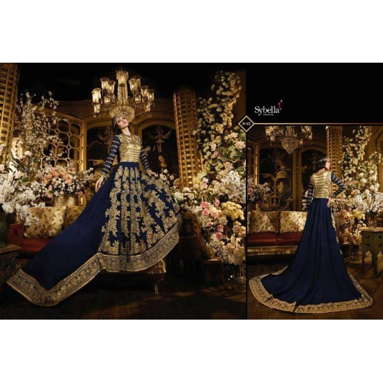Blue Gold Embroidered Net Anarkali Suit